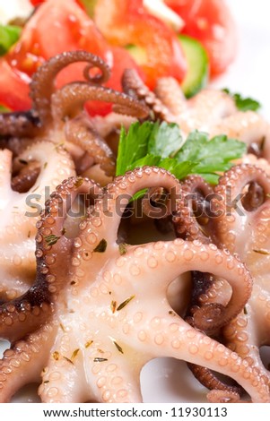 Delicious cooked octopus in red wine dish and Greek salad