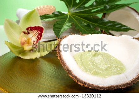 Avocado coconut scrub in coconut shell, orchid flower (Cymbidium sp.), tropical plant and soap. Suited for relaxing and health commercials