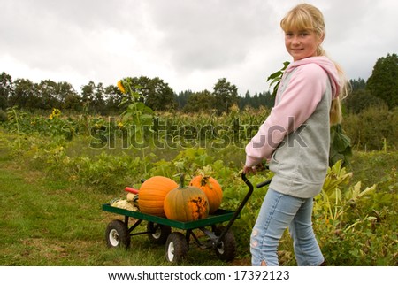 Blond smiling girl picking up pumpkins at pumpkin patch