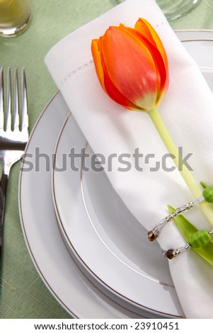 Closeup of fine food and wine spring table settings with fresh tulips