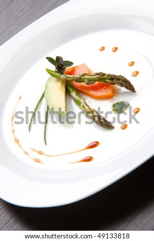 Closeup of Tapas Salad appetizer with avocado, asparagus, papaya, chocolate mint and chives.