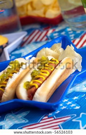 Hot dogs and cornbread on 4th of July in patriotic theme