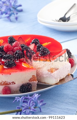 Piece of fruit yogurt cake. Cream and yogurt based fruit filling topped with jelly. Raspberries, blackberries, stawberries, and oranges.