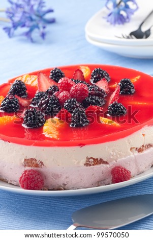 Fruit yogurt cake. Cream and yogurt based fruit filling topped with jelly. Raspberries, blackberries, stawberries, and oranges.