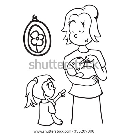 simple black and white mom feeding a dog cartoon