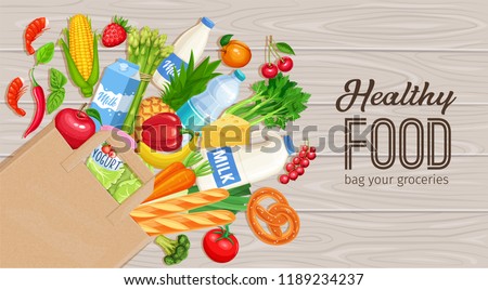 Paper bag of groceries on a wooden background, top view. Concept of healthy food with dairy products, bakery, vegetables and fruits. Vector illustration.