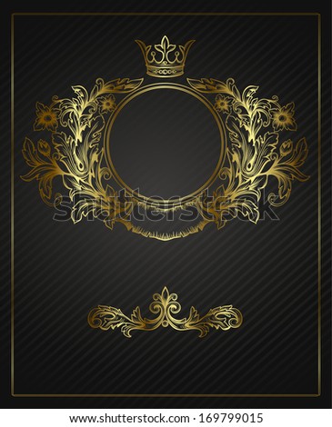 Golden emblem cartouche. Vintage border frame engraving with retro ornament pattern in antique rococo style decorative design