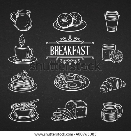 Decorative hand drawn icons breakfast foods. Vintage vector  illustration breakfast  in chalkboard style.