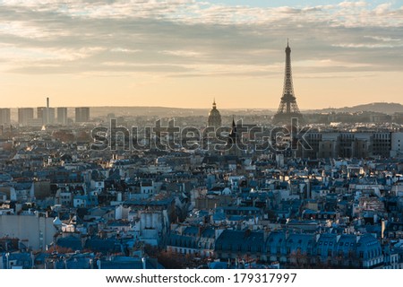 Paris skyline sunset view with the Eiffel tower from the roof of notre-dame de Paris Paris skyline sunset view with the Eiffel tower from the roof of notre-dame de Paris