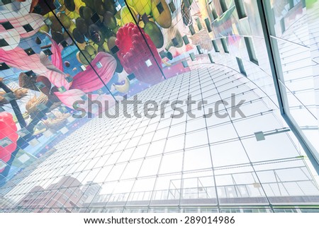 Rotterdam, Netherlands - October 31, 2014: Ceiling of the Markthal modern market place building.