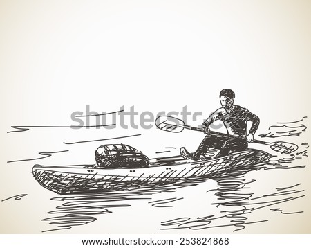 Sketch of kayaking man, Hand drawn Vector illustration