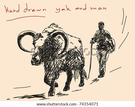 Hand Drawn Yak And Man Vector. Visit My Portfolio For Big Collection Of