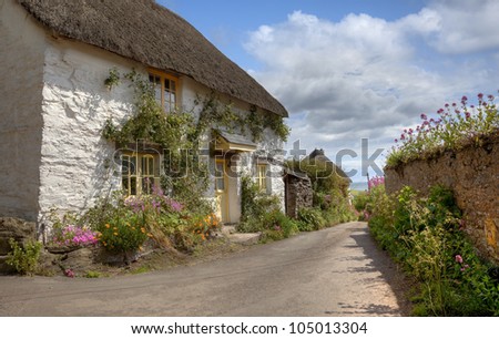 Thatched cottage with pretty flowers, Devon, England