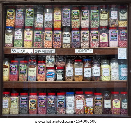 Polperro, England - August 26: Jars Of Sweets Displayed In A Traditional Sweet Shop Window, August 26, 2013 In Polperro, Cornwall, England.