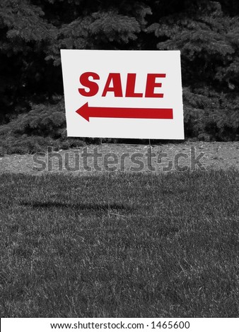 Sale sign with arrow and easy-to-add copy space. Red letters on black and white background.