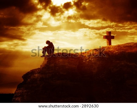 Dramatic sky scenery with a mountain cross and a thinking person. A symbol of heavy inner struggles.