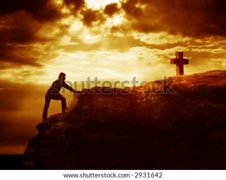 Dramatic sky scenery with a person climbing toward a mountain cross. Symbol of approaching God.