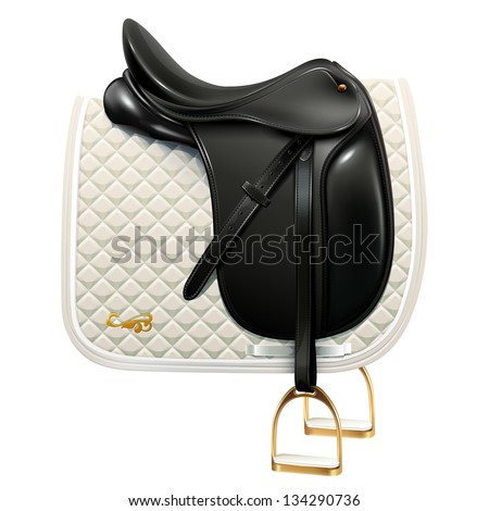 Black leather dressage saddle with white saddle pad isolated on white background - stock vector Black leather dressage saddle with white saddle pad isolated on white background - stock vector