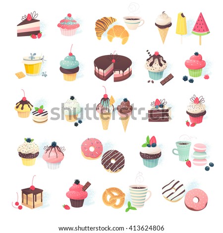 Collection of cute little miniatures of various desserts: cupcake, muffin, pie, cake and  ice cream