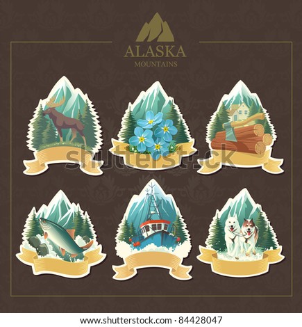 Vector illustration set woods forget-me-not majestic moose salmon fishing sledding Vector illustration set woods forget-me-not majestic moose salmon fishing sledding
