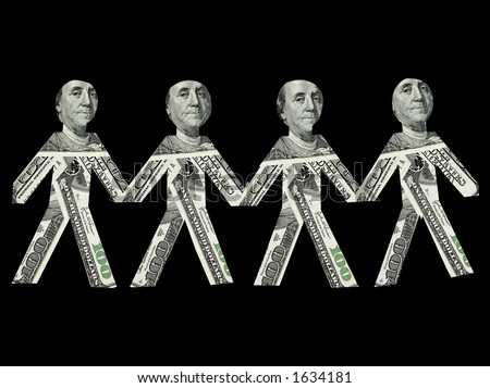 Expensive paper cut-out people made from one hundred dollar bills. Isolated on black. Clipping Path Included.