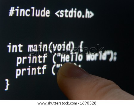 Macro image of a tutor pointing to lines of a computer program. Extreme close up, individual pixels on the monitor are visible.