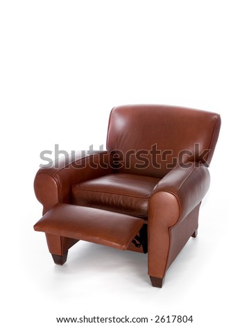 Leather recliner chair, with foot rest extended, isolated on white background.