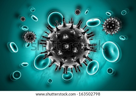 Digital illustration of HIV Virus in Blood Stream in color background