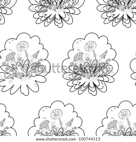 Seamless floral background: dandelions flowers, black contours on white