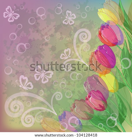 Tulips flowers and leafs on abstract background with butterflies and blots