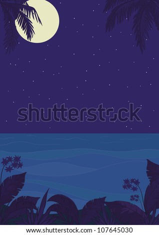 Exotic tropical ocean landscape with moon night sky, palm trees leaves and flowers. Vector