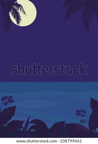 Exotic tropical ocean landscape with moon night sky, palm trees leaves and flowers