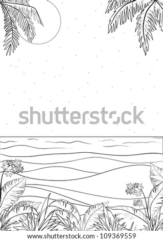Exotic tropical ocean landscape with moon night sky, palm trees leaves and flowers, black contour on white background