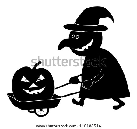 Witch on a cart driven by a pumpkin, the image of a holiday Halloween, black silhouette on white background
