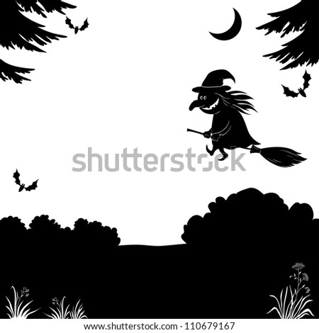 Witch flying on broom over the night forest, the image of a holiday Halloween, black silhouette on white background. Vector illustration