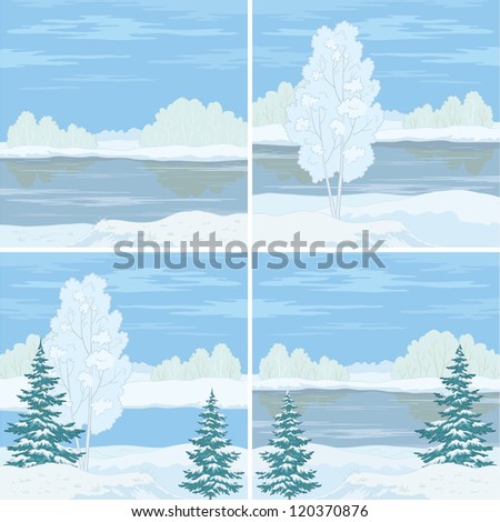 Set winter landscapes: trees, river and blue sky. Vector