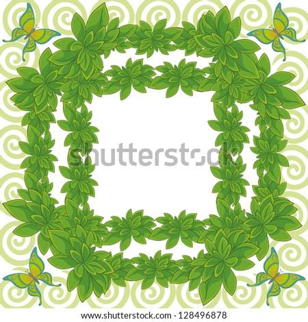 White background with a frame of fresh leaves of plants, butterflies and spiral.