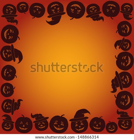 Framed with black silhouettes of holiday Halloween pumpkins Jack O Lantern on orange background. Vector
