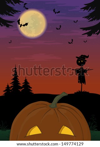 Holiday Halloween landscape with pumpkin Jack O Lantern, scarecrow and bats. Element of this image furnished by NASA (www.visibleearth.nasa.gov). Vector