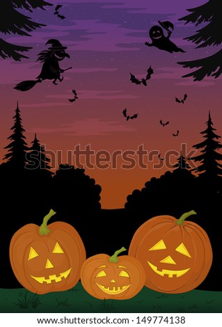 Holiday Halloween landscape with pumpkins Jack O Lantern and witches, ghosts and bats. Vector