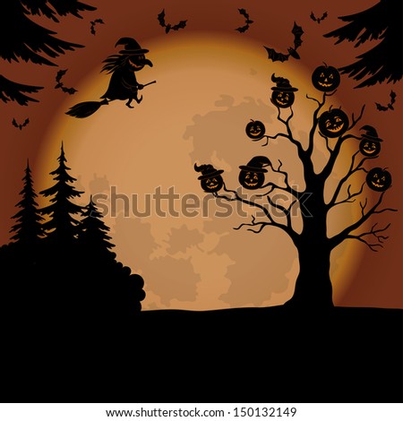 Holiday Halloween landscape with pumpkins Jack O Lantern, witch, trees and bats.