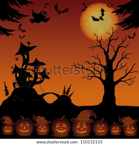 Holiday Halloween landscape with pumpkins Jack O Lantern, trees and magic Castle - mushroom. Vector