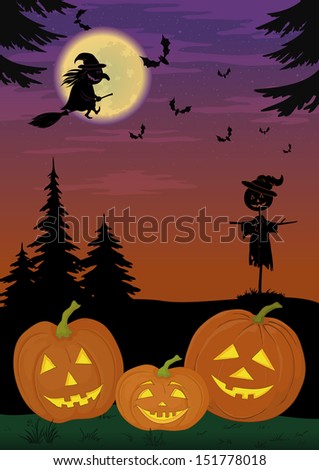 Holiday Halloween landscape with pumpkins Jack O Lantern and witches, scarecrow and bats. Vector