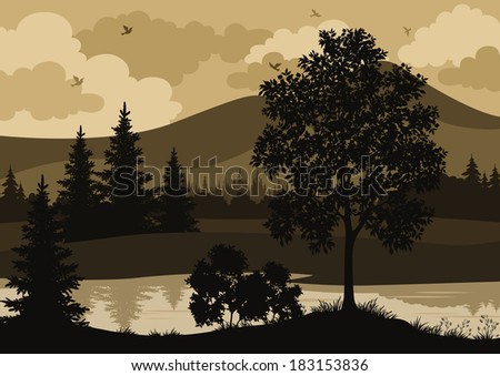 Landscape, trees, river, mountains and birds, silhouette. Vector