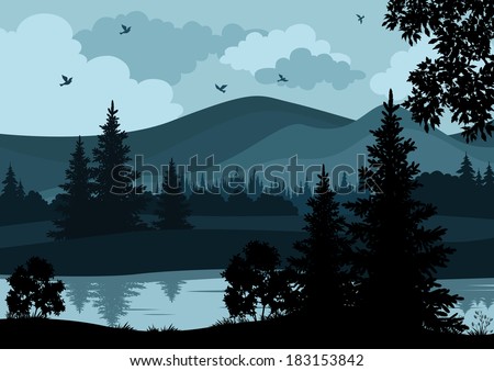 Night landscape, mountains, river, trees and birds, silhouettes. Vector