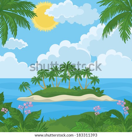 Tropical landscape, sea island with palm trees, flowers and sky with clouds and sun.