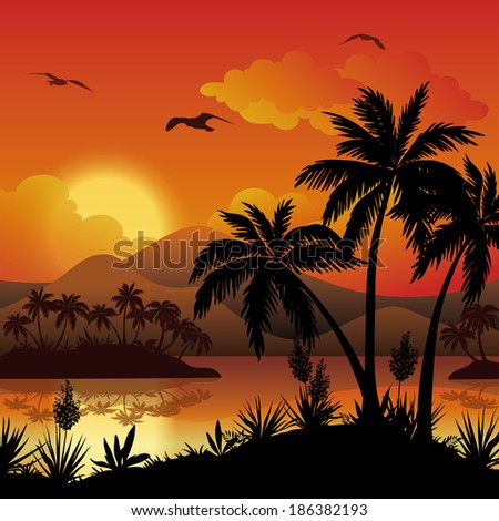 Tropical landscape, sea islands with palm trees, flowers, mountain, clouds, sun and birds gulls, black silhouettes on red - yellow background