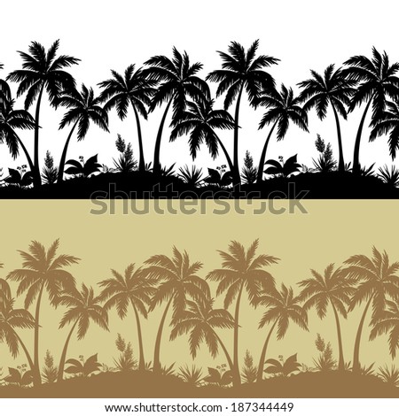 Palm trees, flowers and grass, black and brown isolated silhouettes, set seamless patterns.