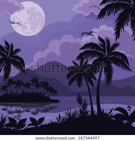 Exotic tropical night landscape with moonlit sky, sea islands with palm trees and flowers silhouettes. Element of this image furnished by NASA (www.visibleearth.nasa.gov).