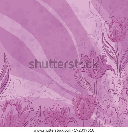 Floral pattern with flowers tulip flowers, leafs and contours on abstract lilac background. Vector eps10, contains transparencies
